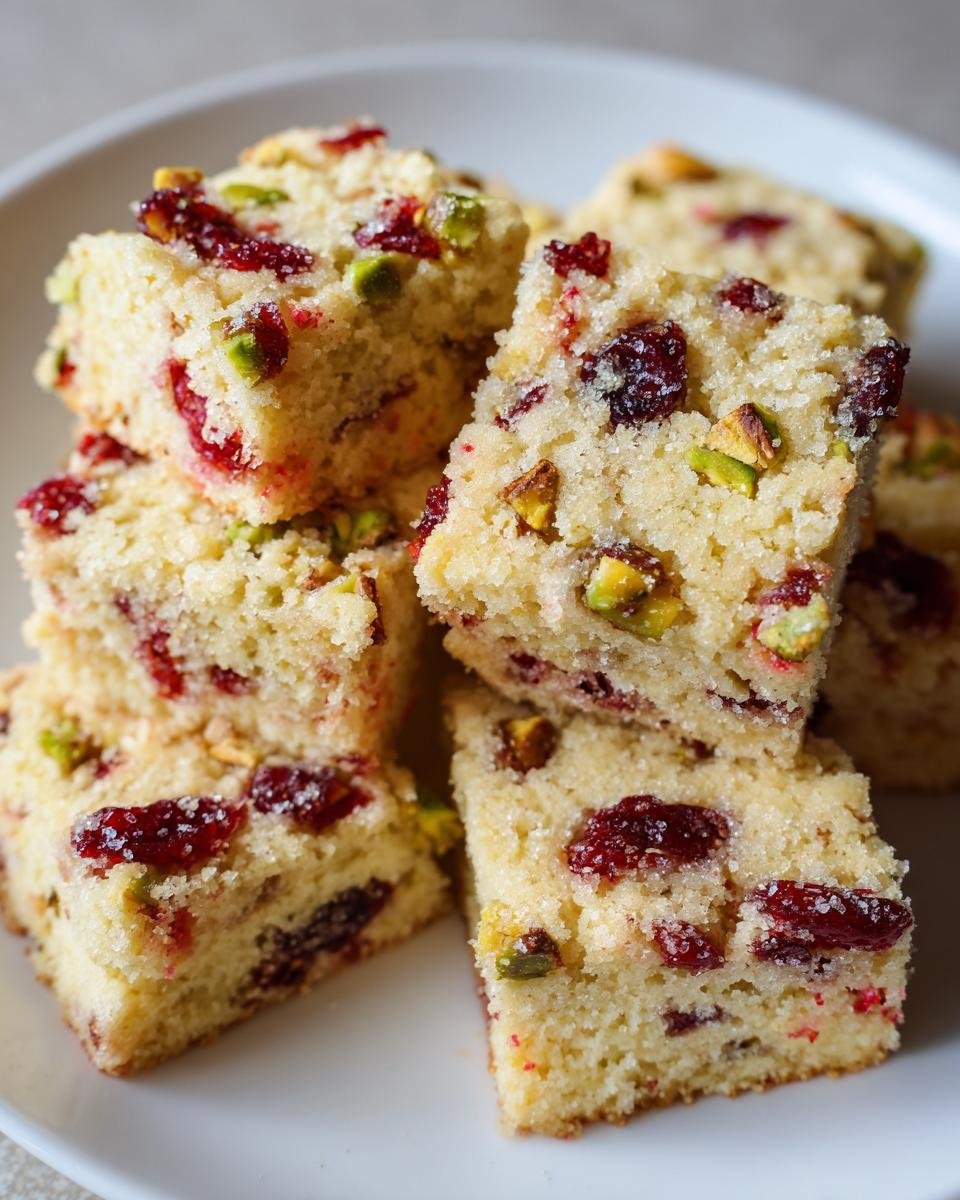 Close-up of stacked Cranberry Pistachio Shortbread squares sprinkled with sugar on a white plate.