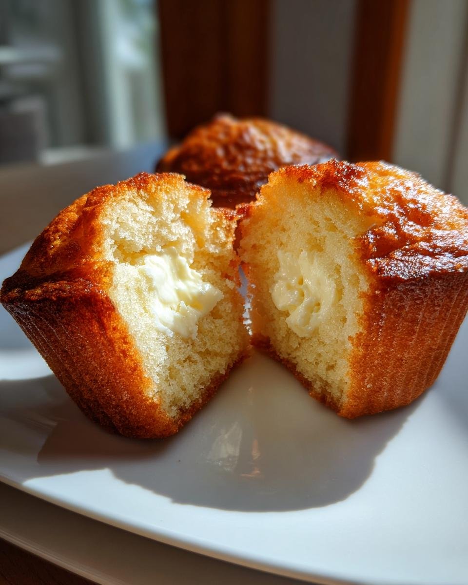 A close-up of a Cream Cheese Muffin split in half, revealing a rich, creamy center filling.