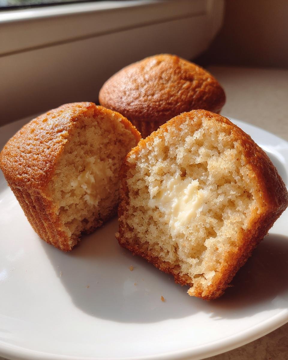 One Cream Cheese Muffin cut in half revealing a soft, creamy center filling.