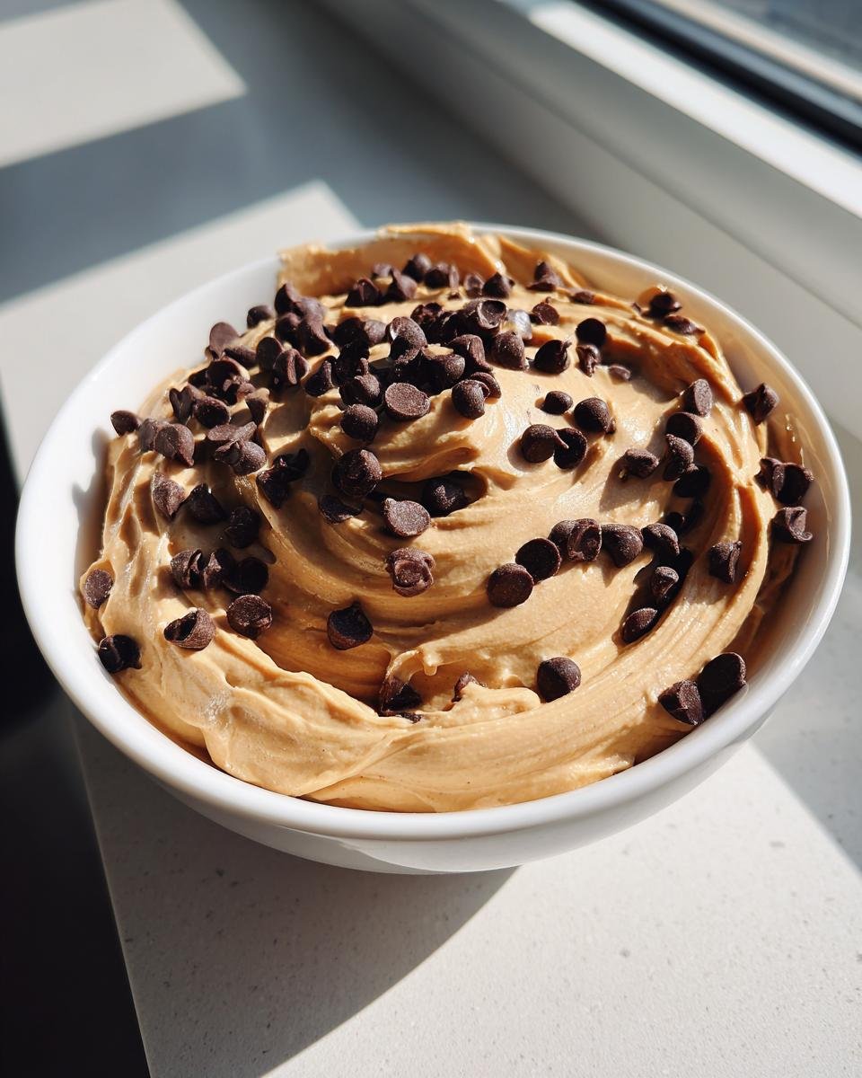 A white bowl filled with creamy Peanut Butter Cheesecake Dip, swirled and topped generously with mini chocolate chips.