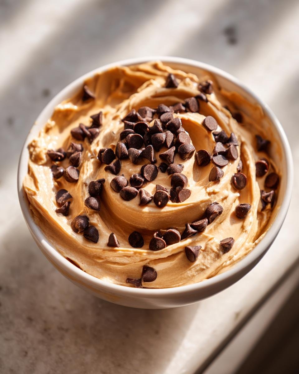 A close-up of creamy Peanut Butter Cheesecake Dip swirled in a white bowl and generously topped with mini chocolate chips.