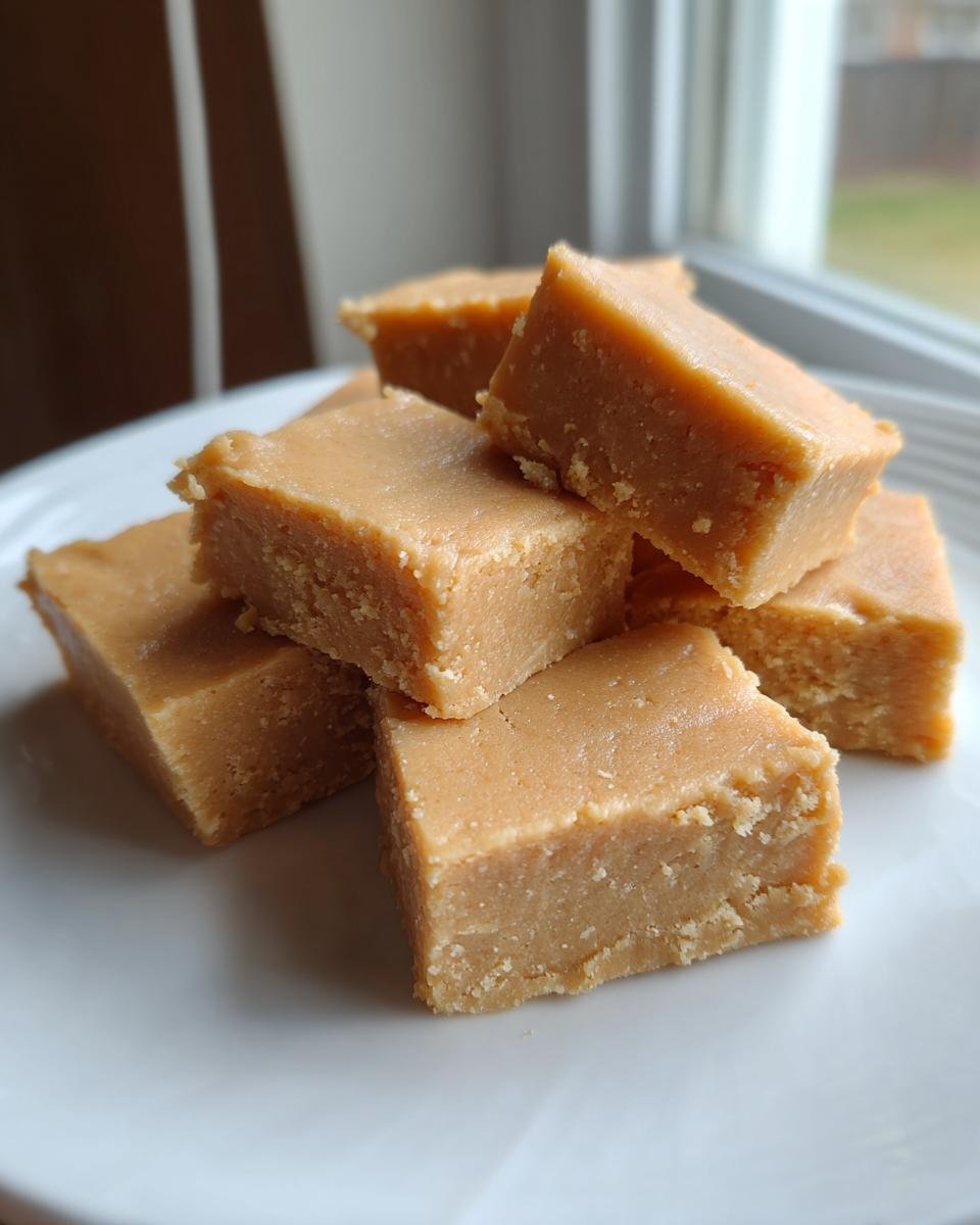A stack of homemade, creamy Peanut Butter Fudge squares piled on a white plate near a window.