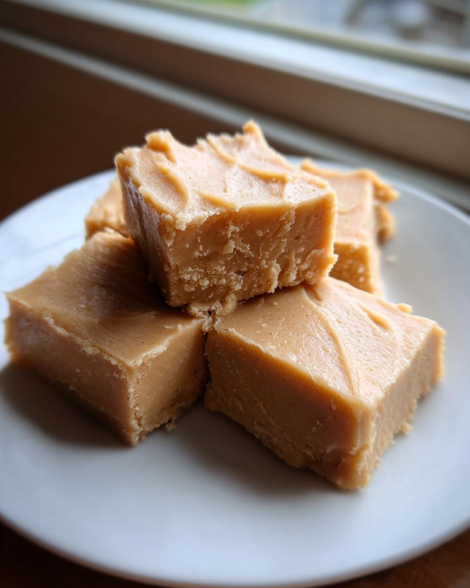 Close-up of creamy, light brown squares of homemade Peanut Butter Fudge stacked on a white plate.