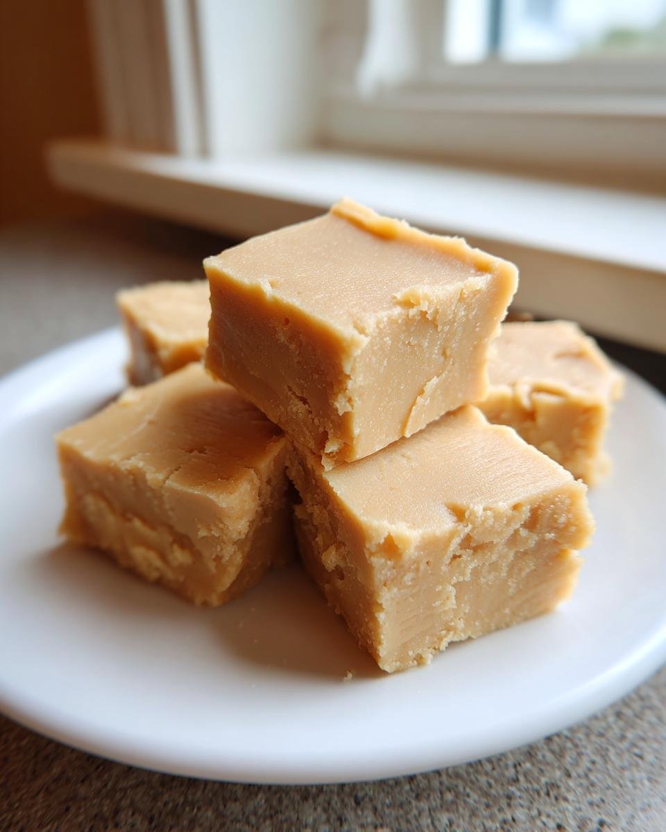 A stack of creamy, light brown Peanut Butter Fudge squares resting on a white plate.