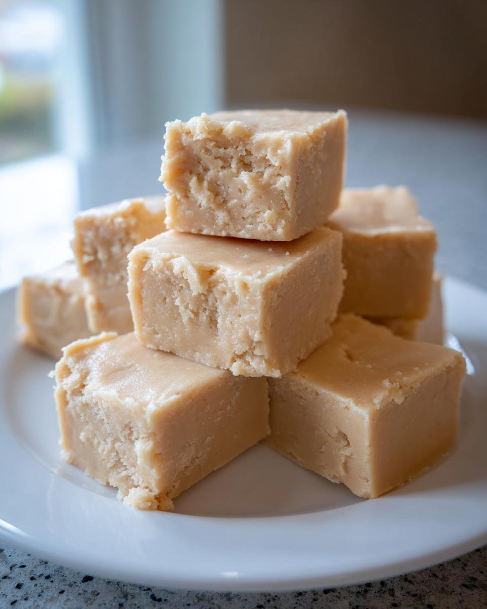 A stack of creamy, light brown squares of homemade Peanut Butter Fudge piled on a white plate.