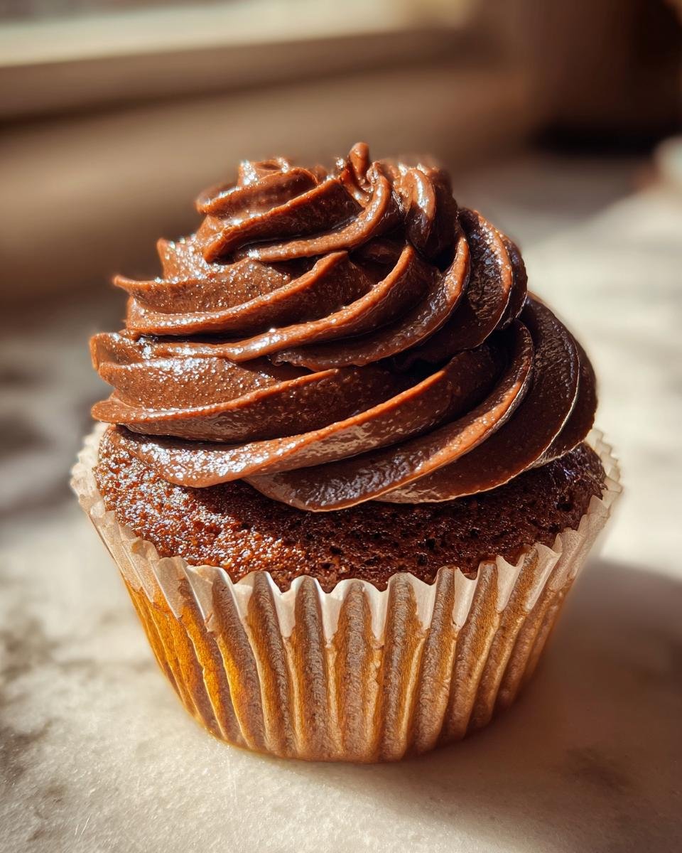 Close-up of a chocolate cupcake topped with a generous swirl of glossy Nutella Frosting.