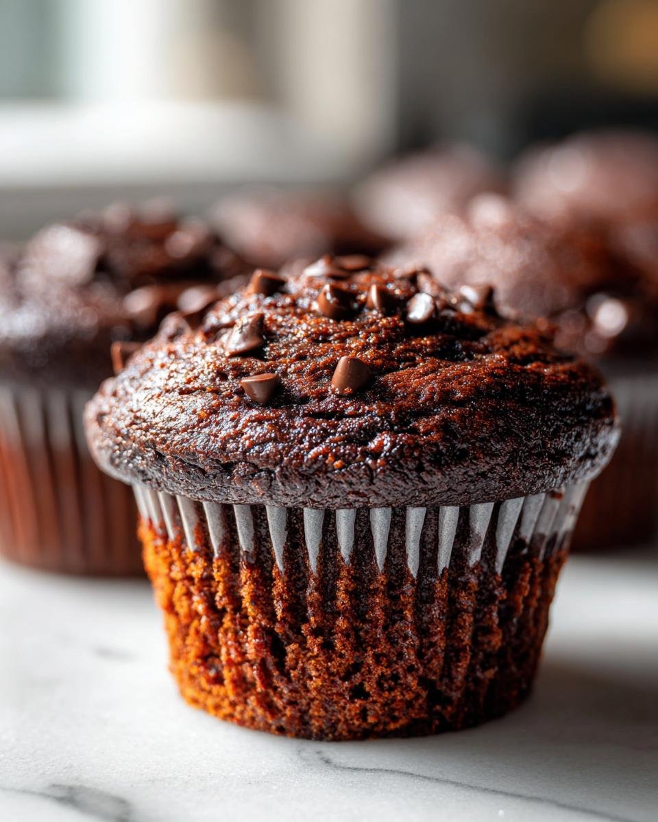 Close-up of a moist Double Chocolate Banana Cupcake topped with chocolate chips.
