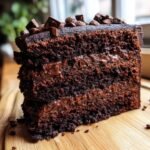A thick slice of Double Chocolate Cookie Cake, showcasing rich chocolate layers and ganache filling, topped with chocolate chunks.