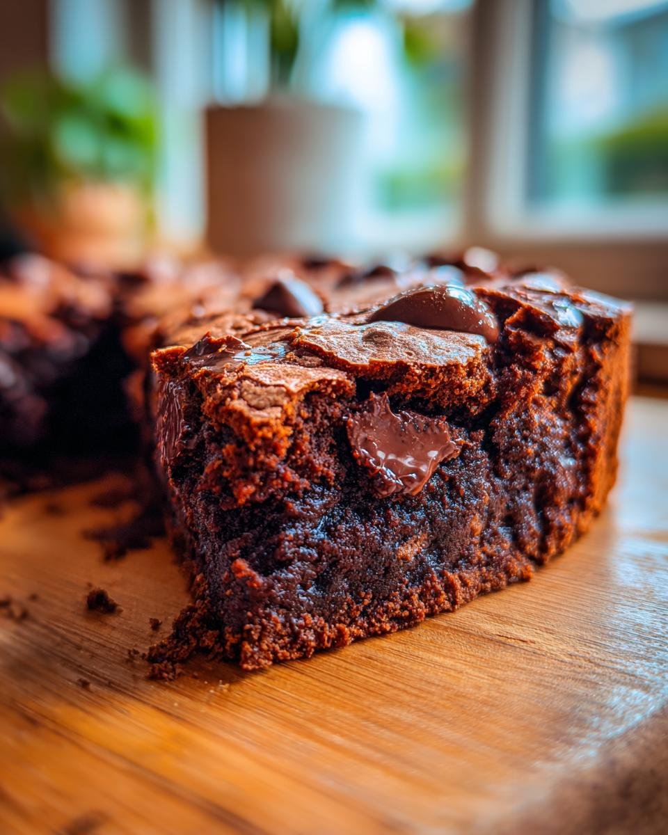 A rich slice of Double Chocolate Cookie Cake, topped with melted chocolate chips, on a wooden board.