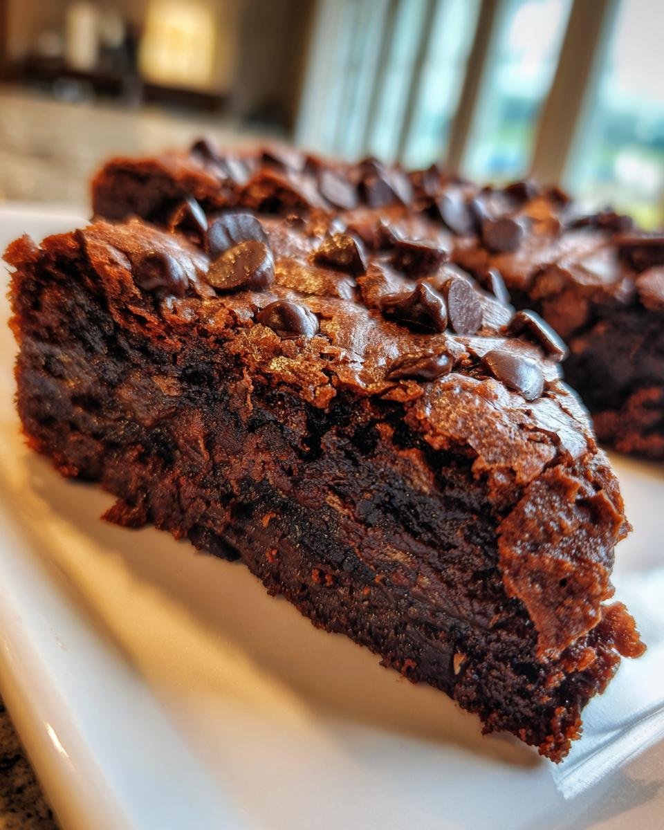 A close-up view of a decadent slice of Double Chocolate Cookie Cake, topped with chocolate chips.