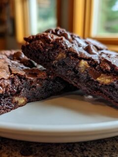Close-up of two decadent slices of Double Chocolate Cookie Cake, loaded with chocolate chips.