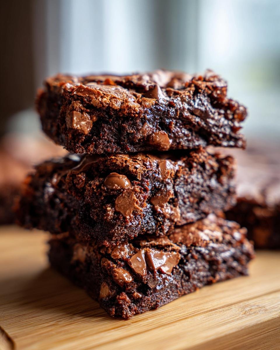 A stack of decadent double chocolate cookie cake slices, loaded with chocolate chips, on a wooden board.