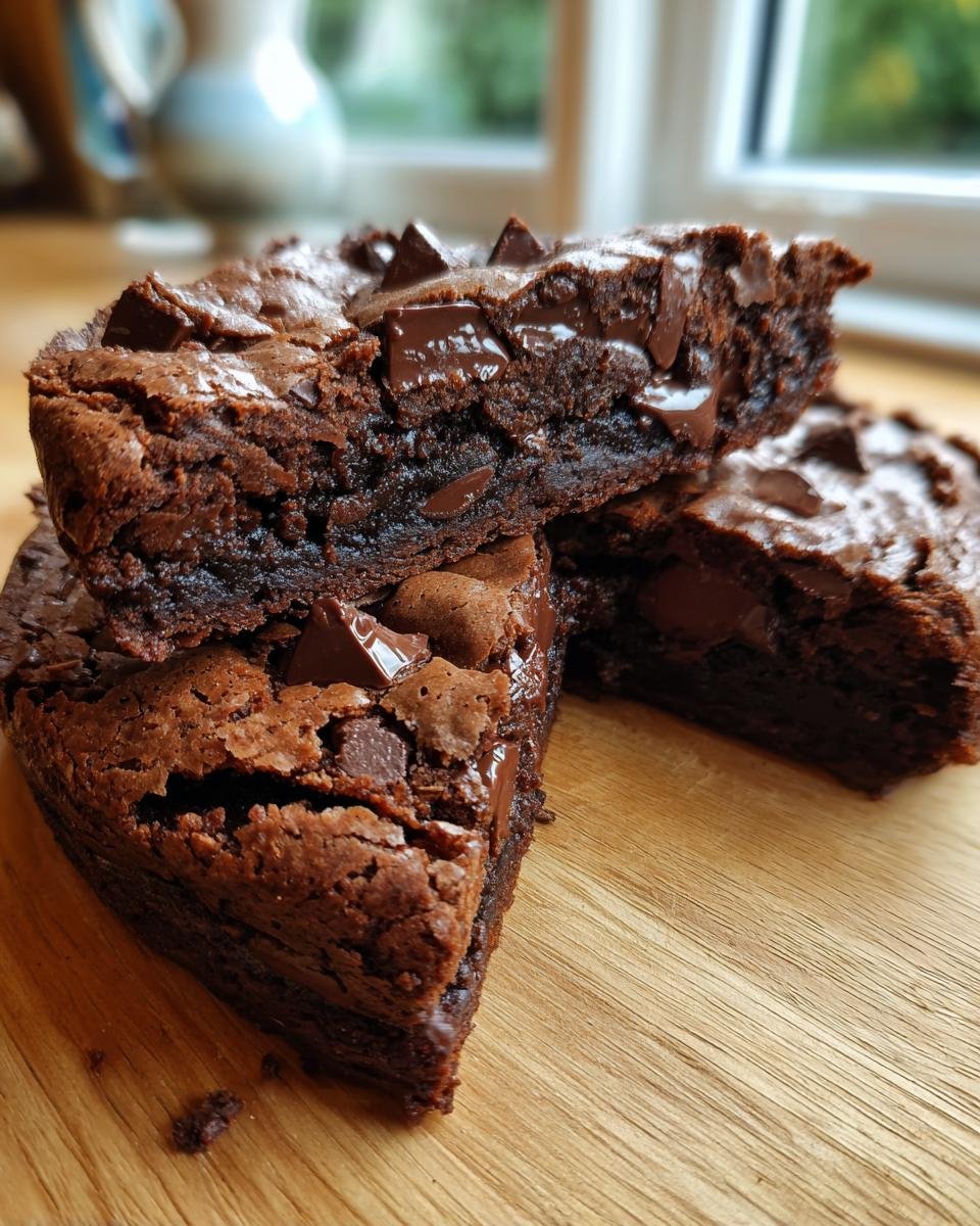Close-up of moist Double Chocolate Cookie Cake slices, loaded with melted chocolate chips.
