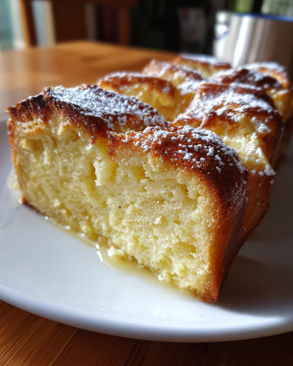 Close-up of a slice of moist Eggnog French Toast Bake, dusted with powdered sugar and sitting in a light syrup.