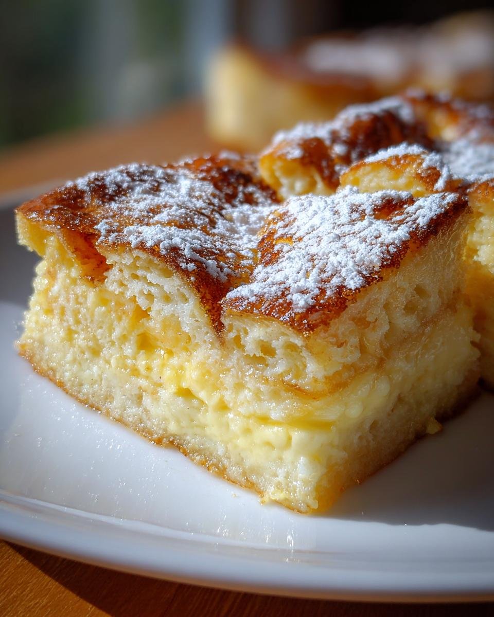 Close-up of a square slice of moist Eggnog French Toast Bake, showing creamy custard layers and a dusting of powdered sugar.
