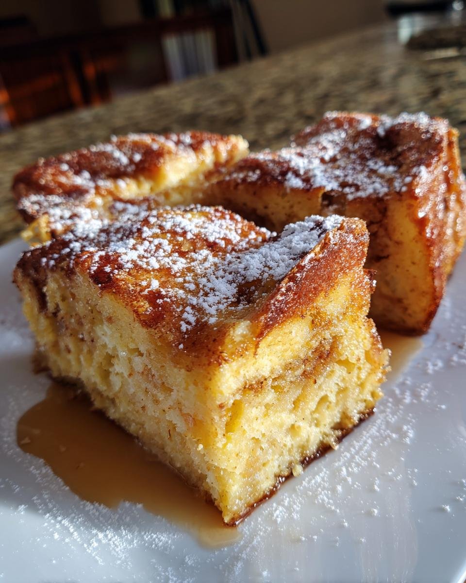 Three squares of moist Eggnog French Toast Bake dusted with powdered sugar and drizzled with syrup.