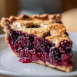 Close-up of a perfect slice of Blackberry Pie showing the juicy, dark berry filling and golden, flaky crust.