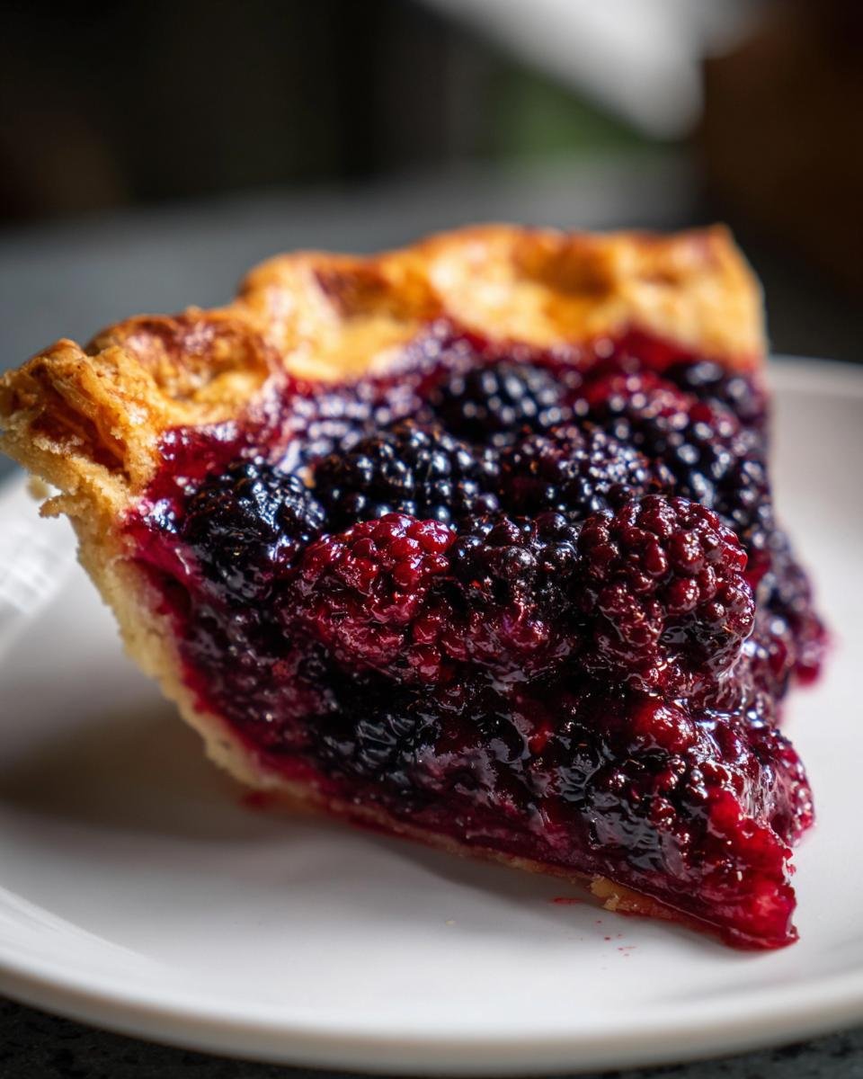 Close-up of a rich slice of Blackberry Pie showing a flaky golden crust and a heap of juicy, dark blackberries.