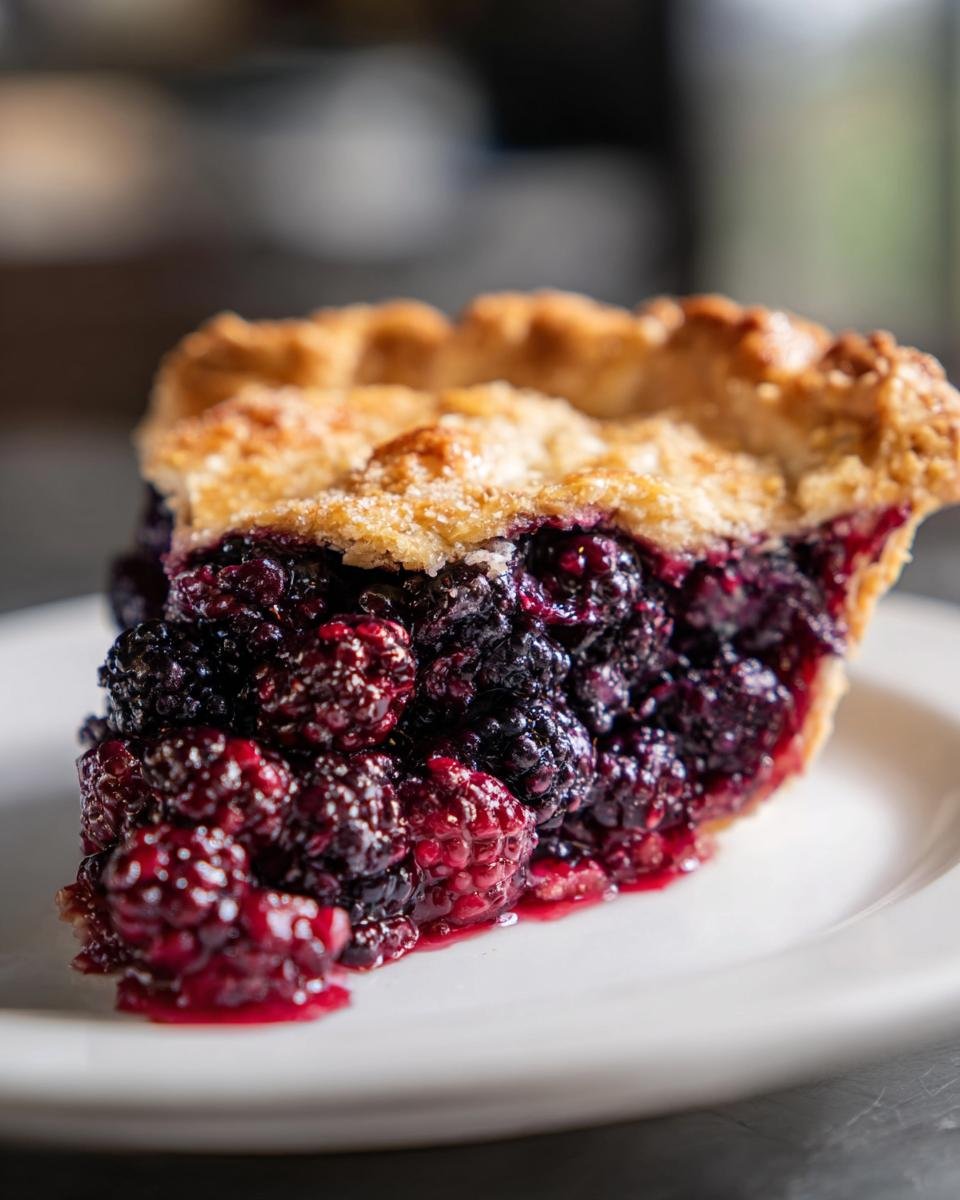 Close-up of a generous slice of Blackberry Pie showing the rich, juicy filling and golden, sugared crust.
