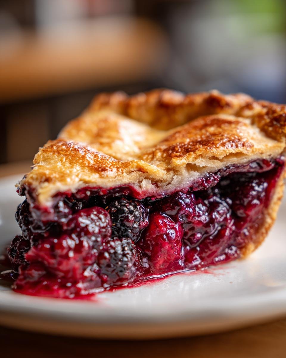 A close-up shot of a juicy slice of Blackberry Pie showing the flaky golden crust and rich, dark berry filling.