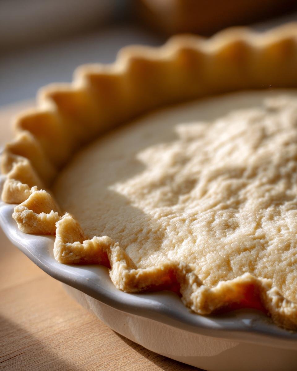 Close-up of a perfectly crimped, unbaked flaky Pie Crust sitting in a white ceramic pie dish.