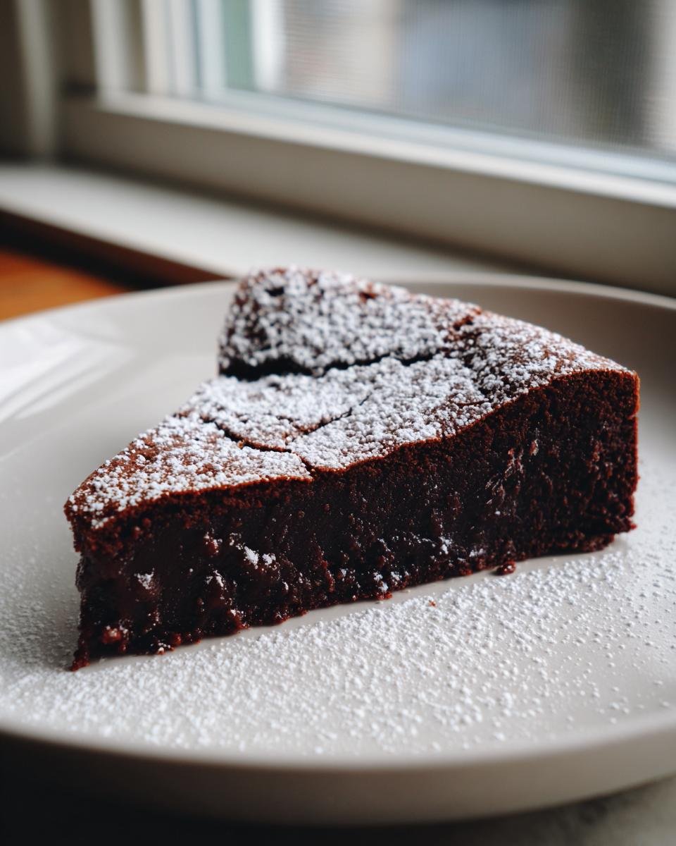 A rich, dark slice of Flourless Chocolate Cake dusted heavily with powdered sugar on a light plate.