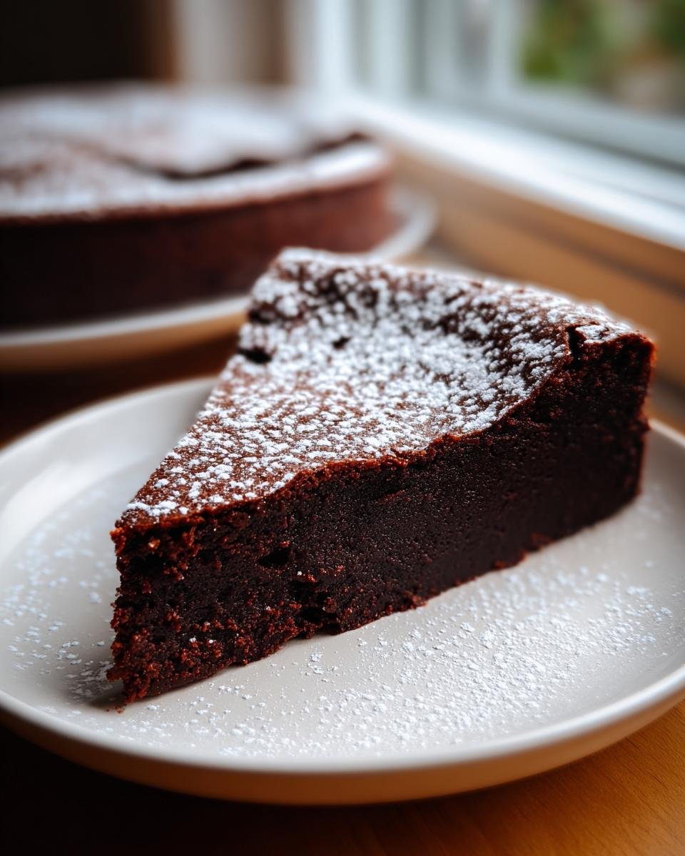 A close-up of a dense, dark slice of Flourless Chocolate Cake dusted with powdered sugar on a light plate.