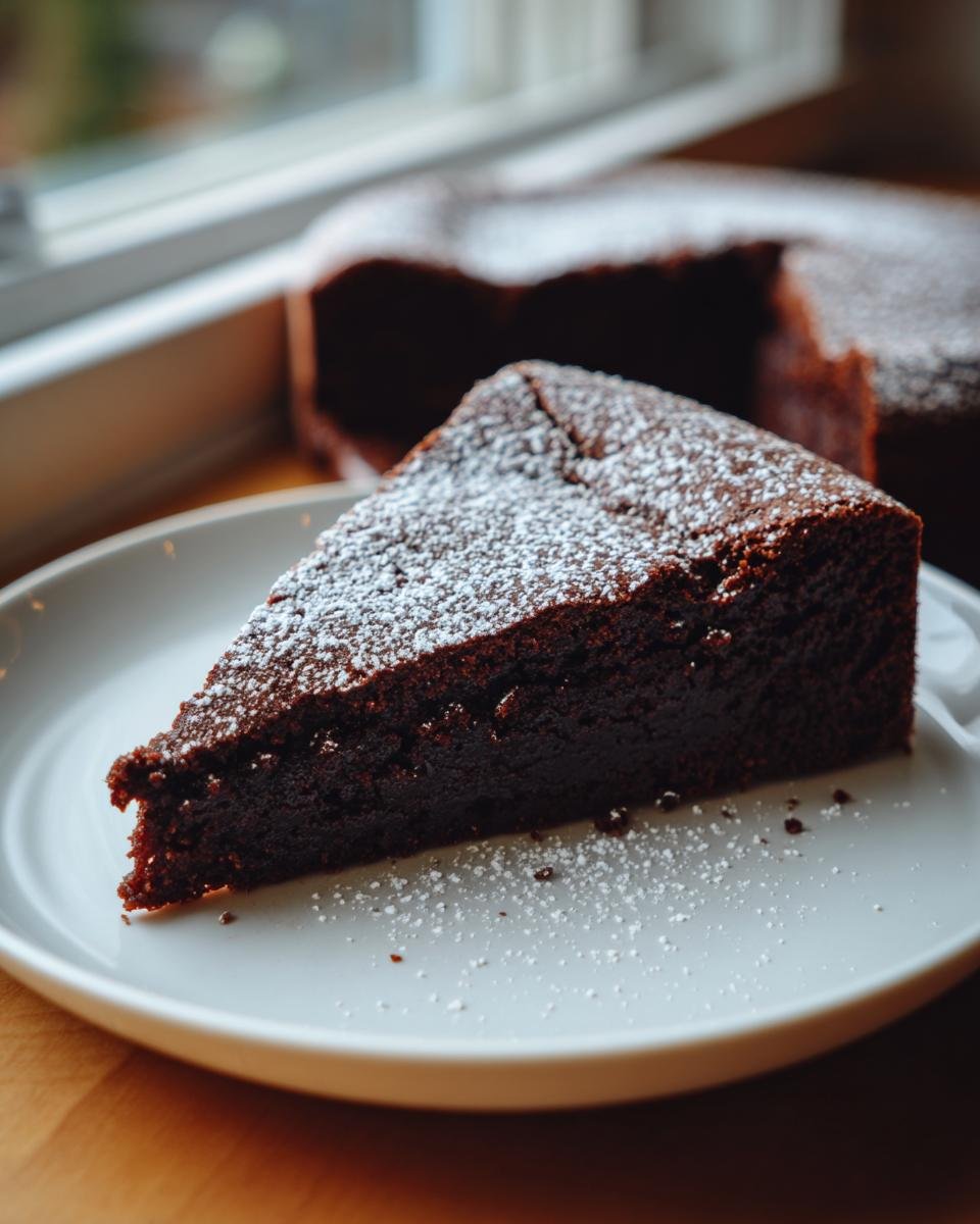 A rich, dark slice of Flourless Chocolate Cake dusted with powdered sugar on a white plate.
