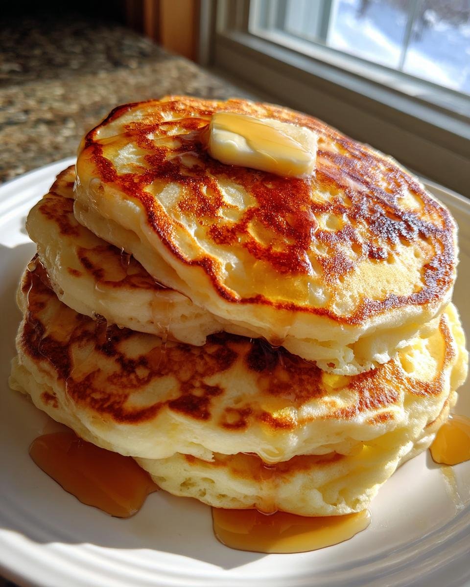 Close-up of a tall stack of Fluffy Buttermilk Pancakes topped with melting butter and drizzled with syrup.