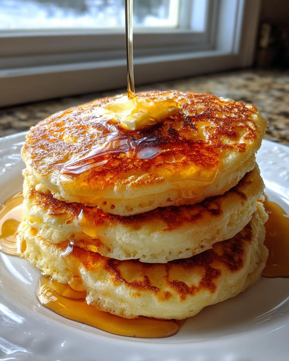 A tall stack of three golden-brown Fluffy Buttermilk Pancakes topped with melting butter and drizzled with syrup.