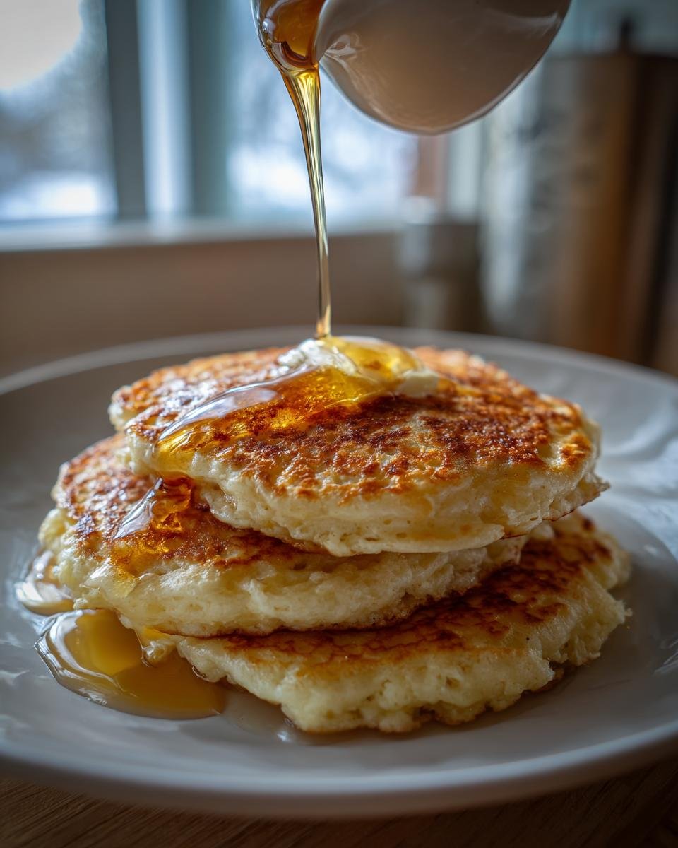 A stack of three Fluffy Buttermilk Pancakes being drizzled generously with golden syrup.