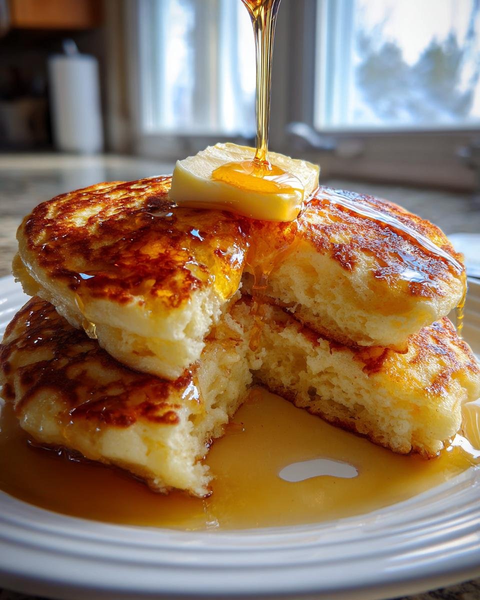 Close-up of a stack of Fluffy Buttermilk Pancakes, cut open, with butter melting and syrup pouring over the top.