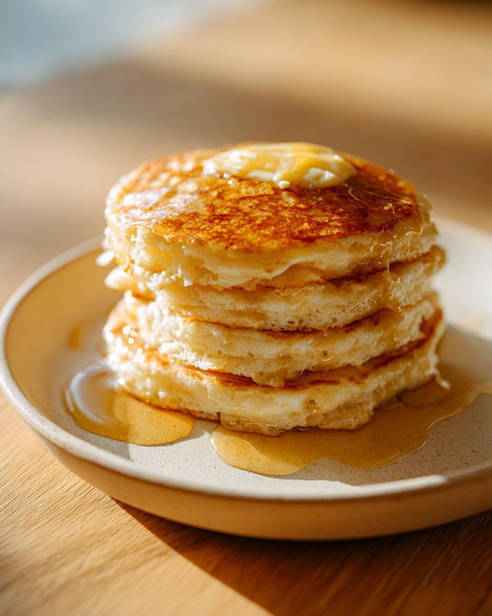 A tall stack of four fluffy Cream Cheese Pancakes topped with melting butter and drizzled with syrup.