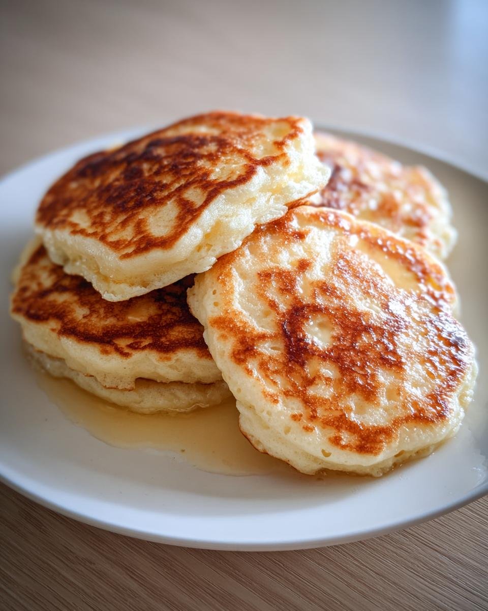 A close-up of a stack of thick, golden-brown Cream Cheese Pancakes drizzled with syrup on a white plate.