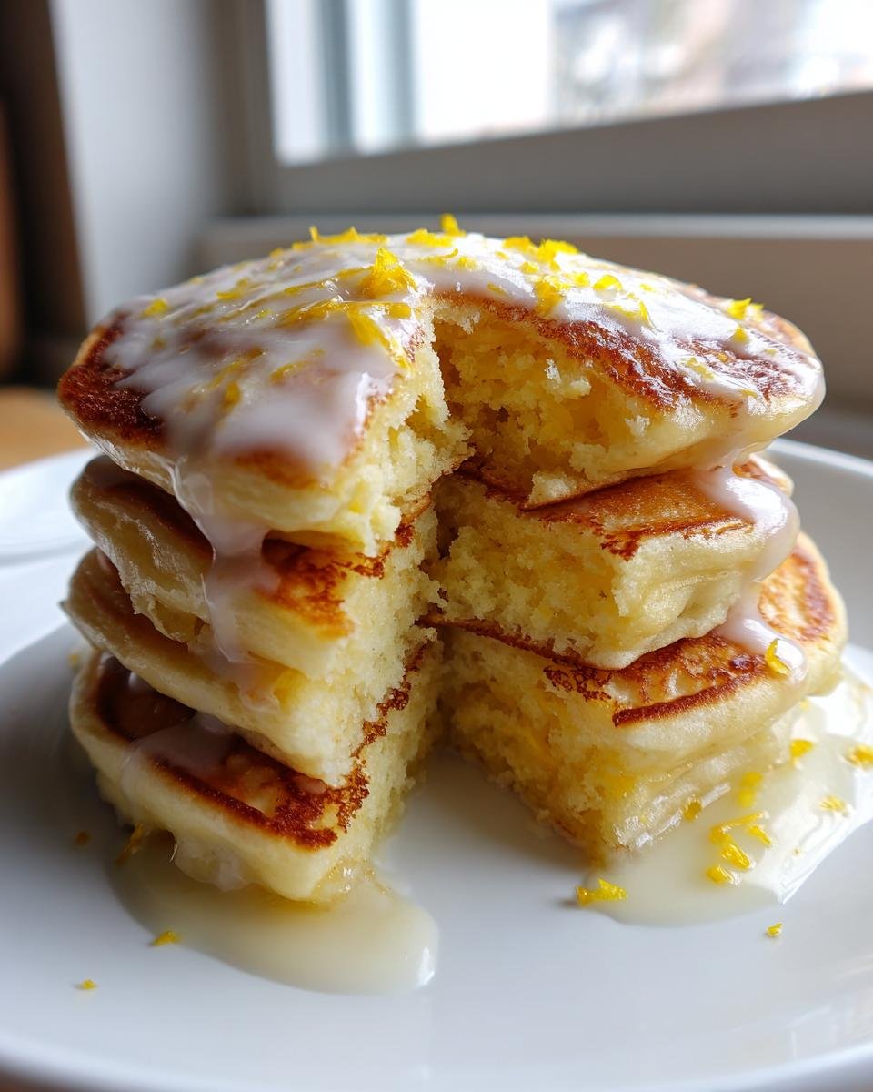 A stack of four fluffy Lemon Pancakes cut open, drizzled with white glaze and topped with bright yellow lemon zest.