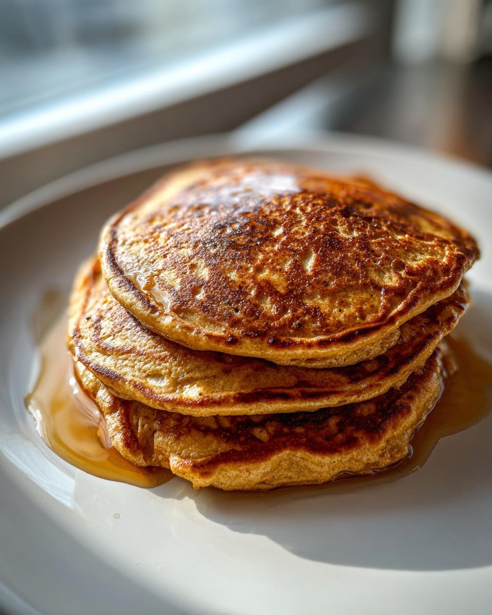 A close-up stack of three golden brown Fluffy Pumpkin Pancakes drizzled with syrup on a white plate.