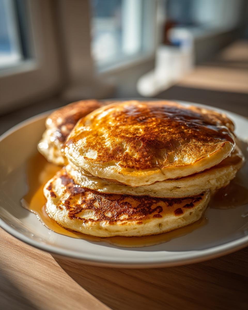 A stack of three golden-brown Fluffy Pumpkin Pancakes drizzled with syrup on a white plate.