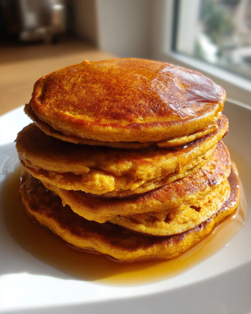 A tall stack of four golden-orange Fluffy Pumpkin Pancakes soaking in maple syrup on a white plate.