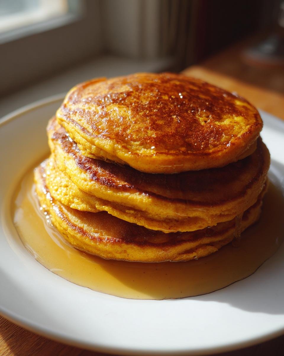 A tall stack of golden Fluffy Pumpkin Pancakes drizzled generously with maple syrup on a white plate.