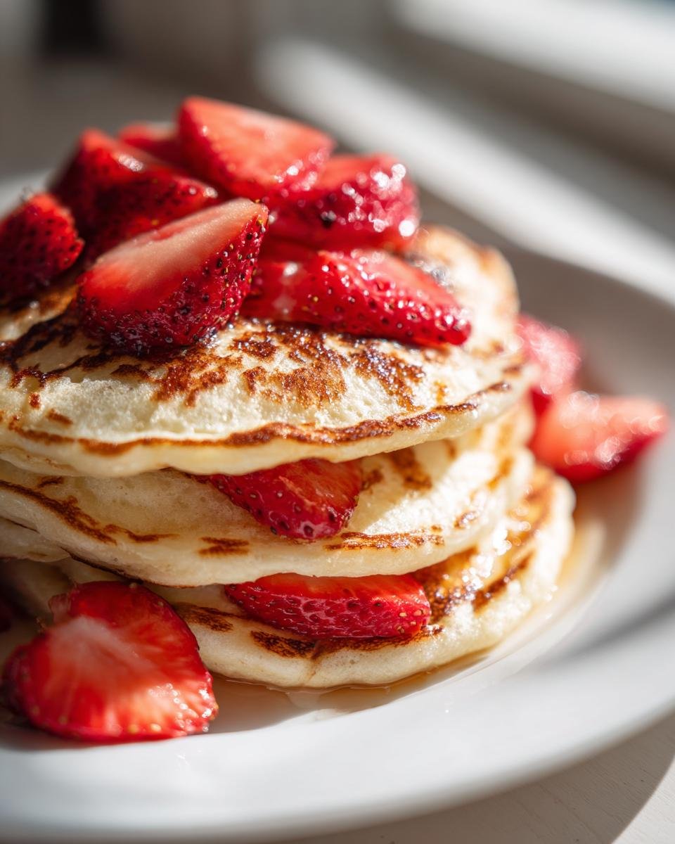 Close-up of a stack of fluffy Strawberry Pancakes topped and layered with glistening sliced fresh strawberries.