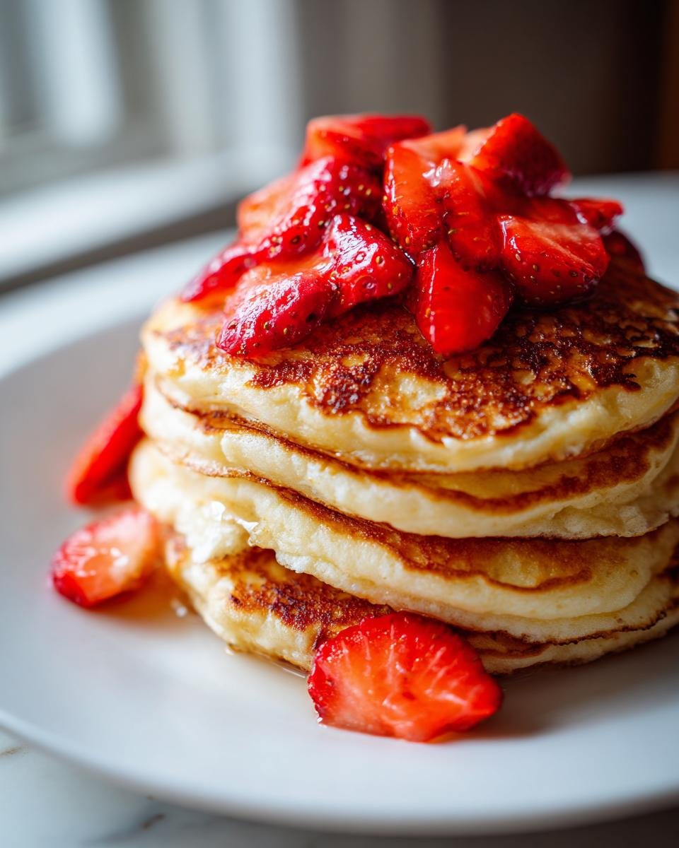 A tall stack of golden brown Strawberry Pancakes topped generously with sliced strawberries and syrup.