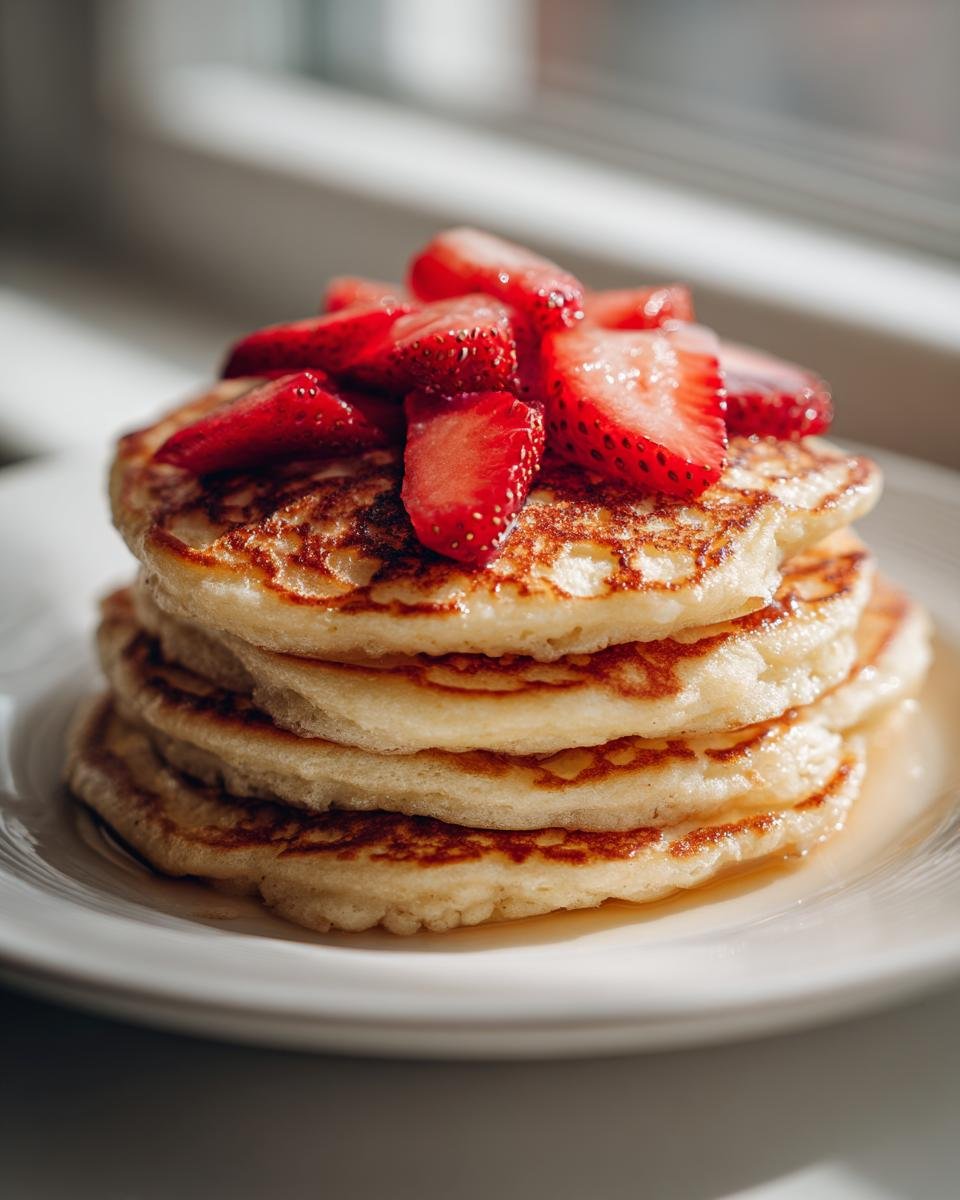 A tall stack of fluffy Strawberry Pancakes topped with fresh, sliced strawberries and drizzled with syrup.
