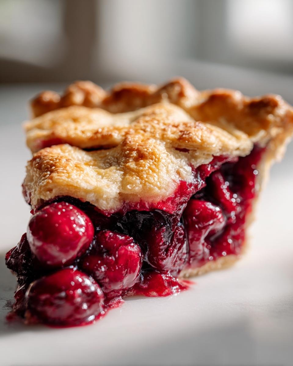 Close-up of a slice of homemade Cherry Pie showing a flaky crust and abundant, juicy red cherry filling.