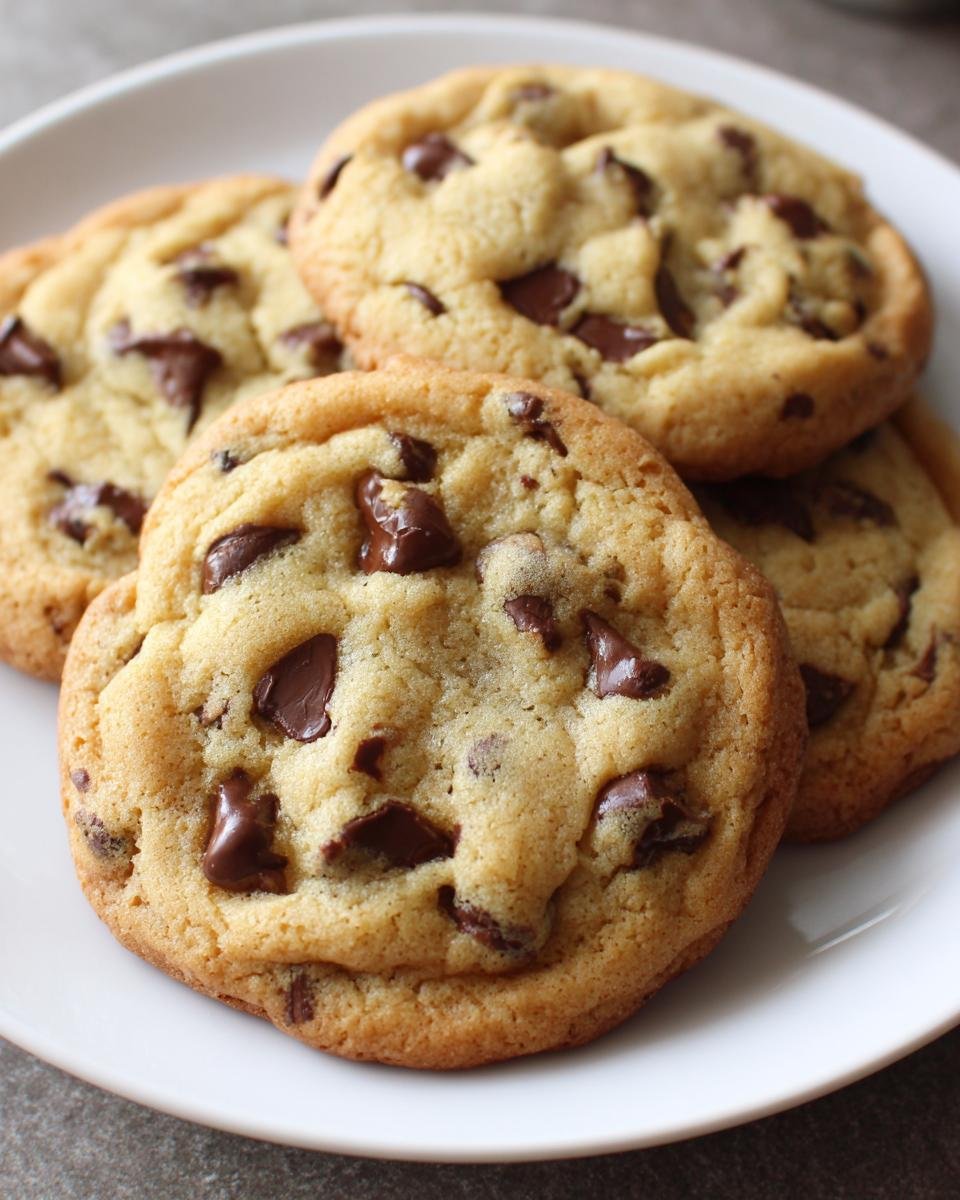 Close-up of four golden-brown Chocolate Chip Cookies piled on a white plate.