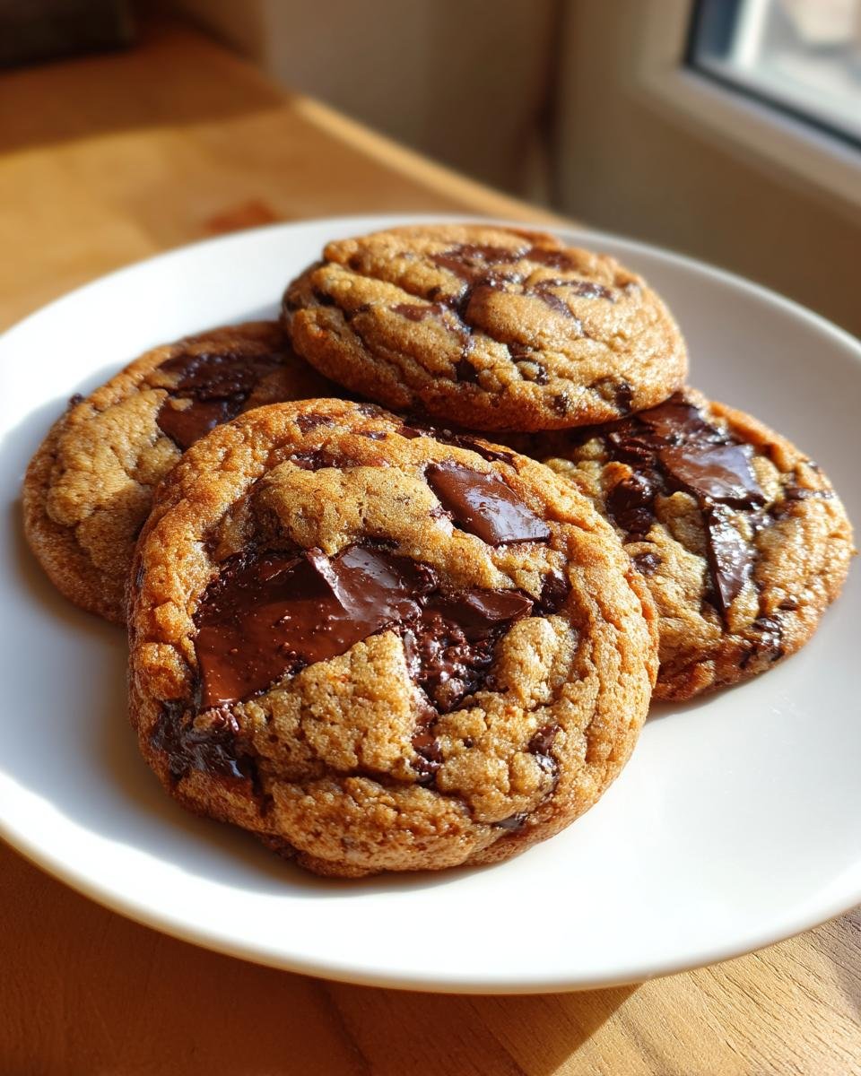 Four gooey, golden brown Chocolate Chip Cookies piled on a white plate, featuring melted chocolate chunks.