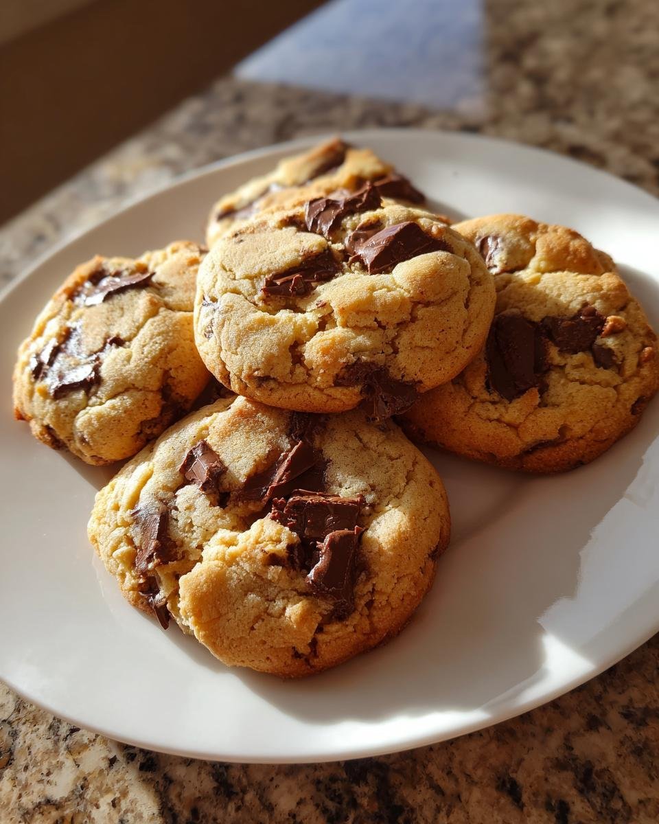 A stack of five golden brown Chocolate Chip Cookies loaded with melted chocolate chunks on a white plate.