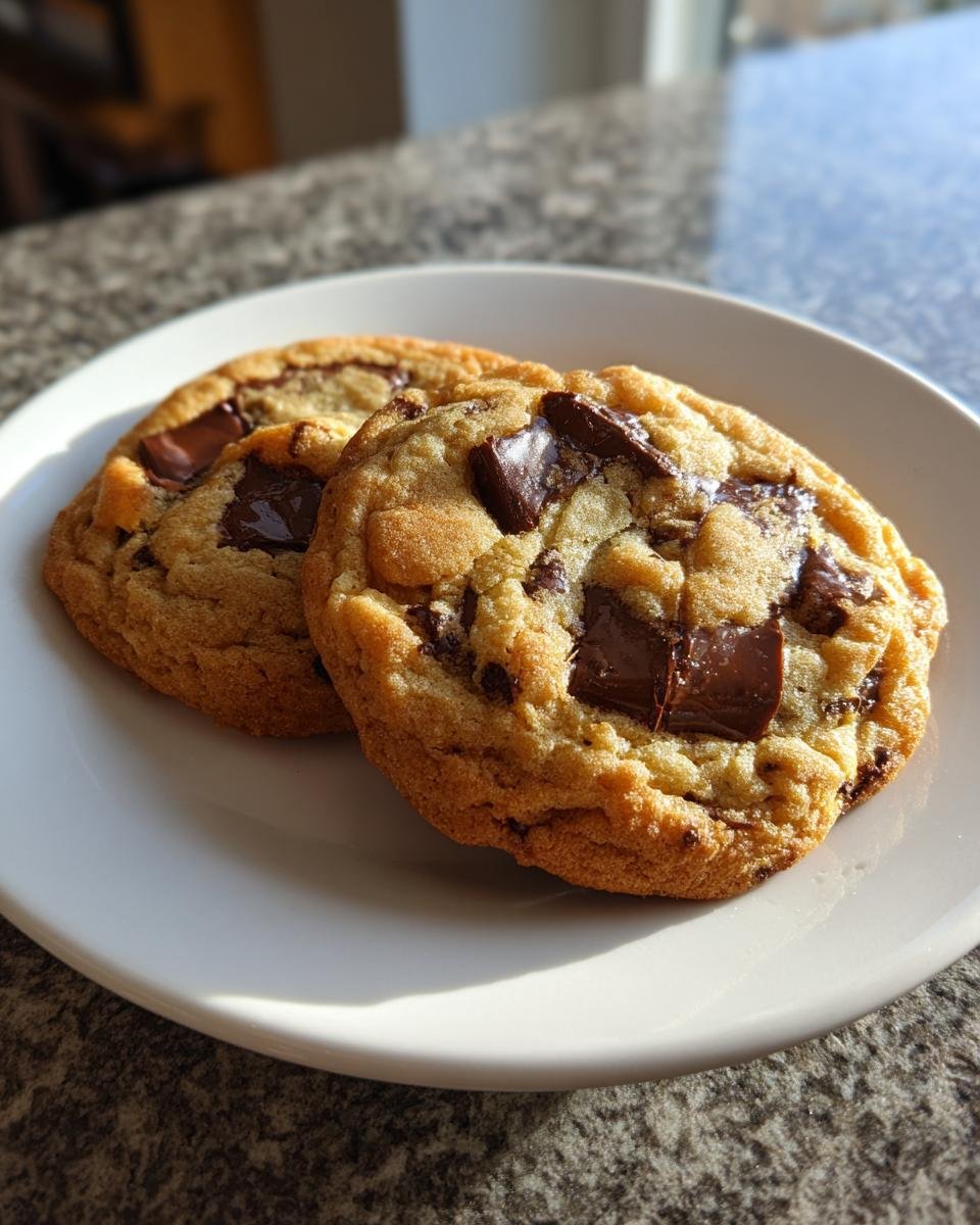 Two freshly baked, thick Chocolate Chip Cookies with melted chocolate chunks resting on a white plate.
