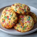 A close-up of several delicious Funfetti Cookies piled on a white plate, covered in colorful sprinkles.