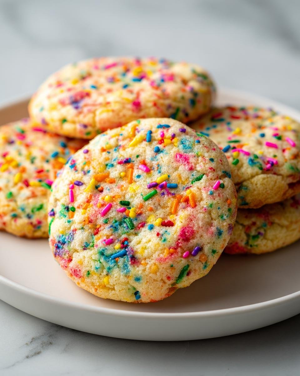 Close-up of several delicious Funfetti Cookies loaded with colorful sprinkles on a white plate.