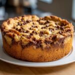 A delicious giant peanut butter cookie cake topped with plenty of chocolate chips, baked to golden perfection.